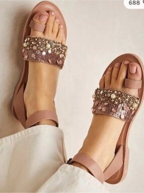 Free People Sun Peaks Embellished Nude Pearl & Beaded Strap Sandals